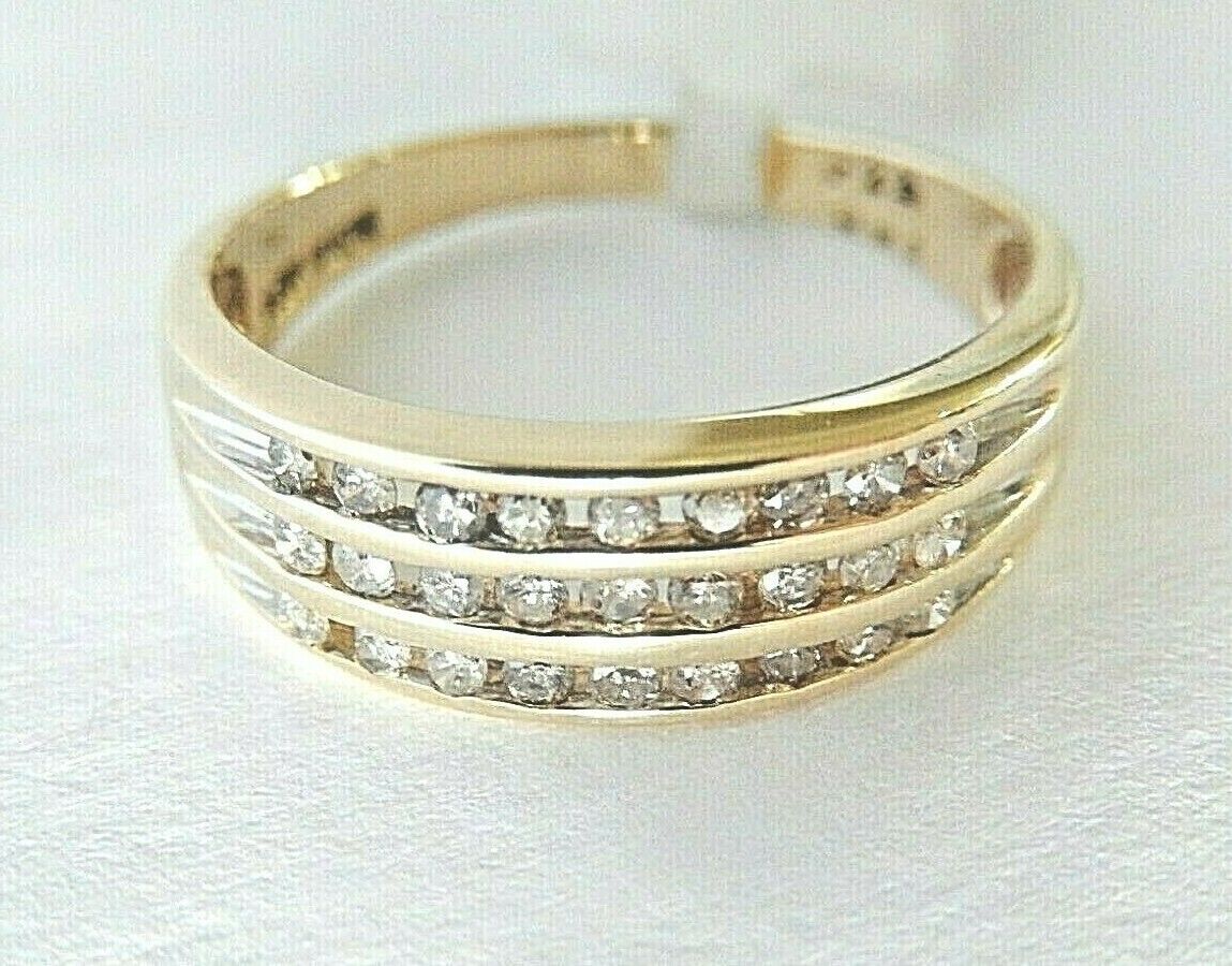 10k Yellow Gold Ladies Three Row 1/4CT Round Diamond 6mm Wedding Band Ring Sz7.5