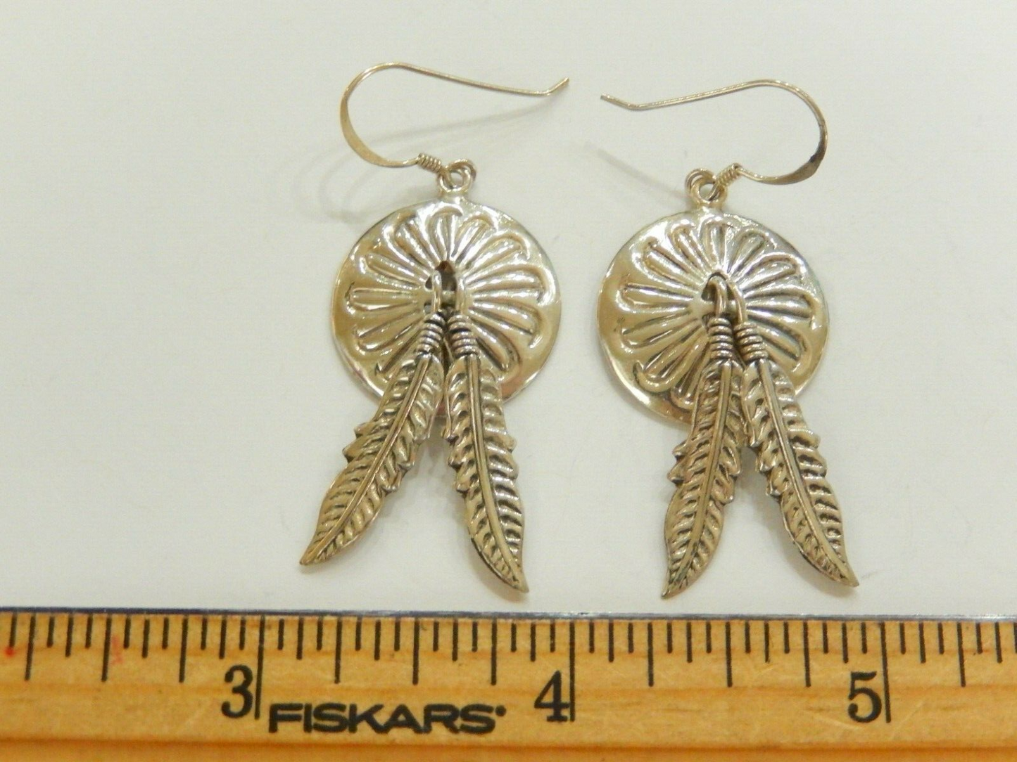 *VINTAGE Native American Sterling Silver Concho Pierced Earrings Feather Dangles