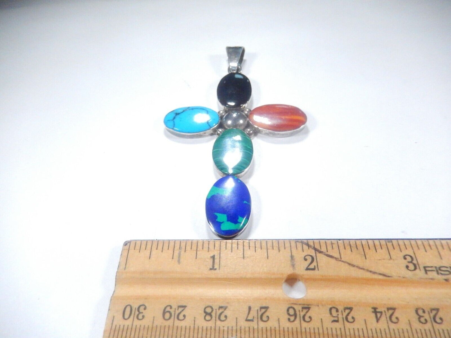 *VINTAGE*  Large Sterling Taxco Mexico Multi Gemstone Cross Pendant 3.5" Tall