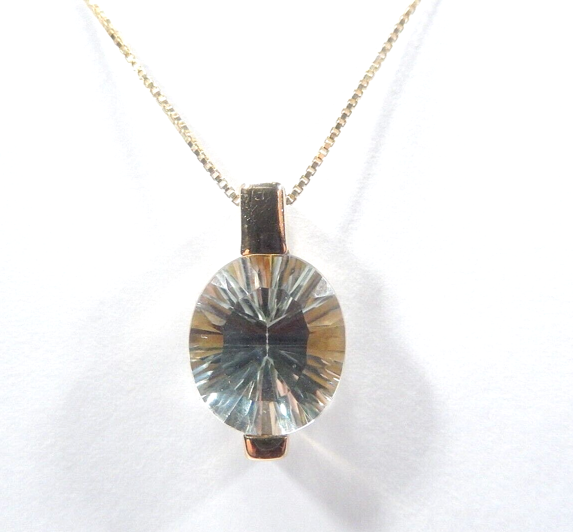 *VINTAGE* 14K Yellow Gold 5.00 CT Fancy Cut Oval Green Quartz Pendant w/18"chain