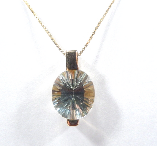 *VINTAGE* 14K Yellow Gold 5.00 CT Fancy Cut Oval Green Quartz Pendant w/18"chain