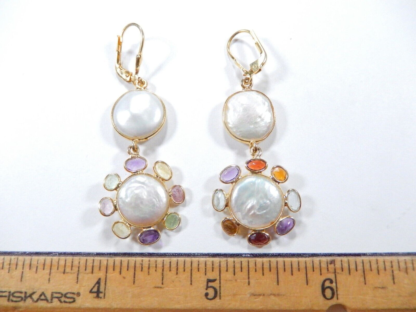 ~NEW~ Gold Vermeil White Button Pearl & Multi Gem Drop Dangle Leverback Earrings