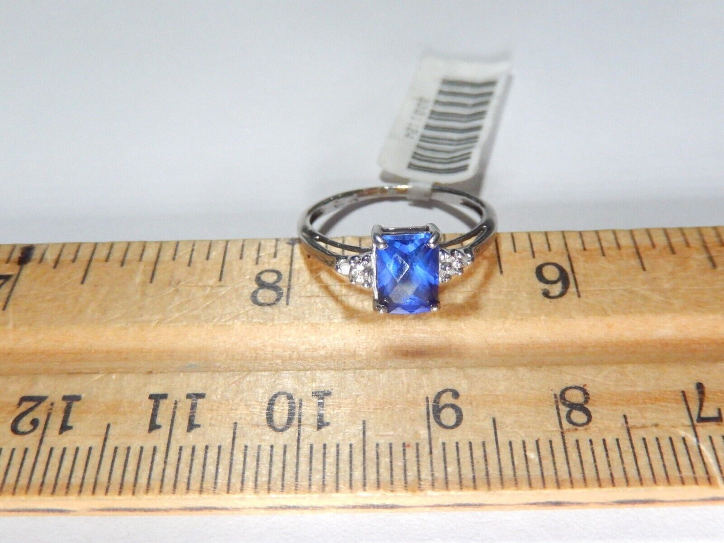 *VINTAGE* 10k White Gold Lab Created Checkerboard Cut Sapphire &Diamond Ring 5.5