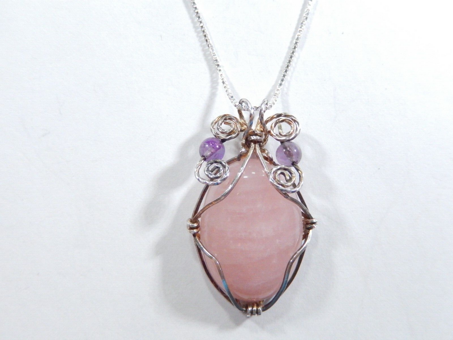 VINTAGE Pink Amethyst Stone Wrapped In Sterling Silver Wire  Necklace w/18"chain