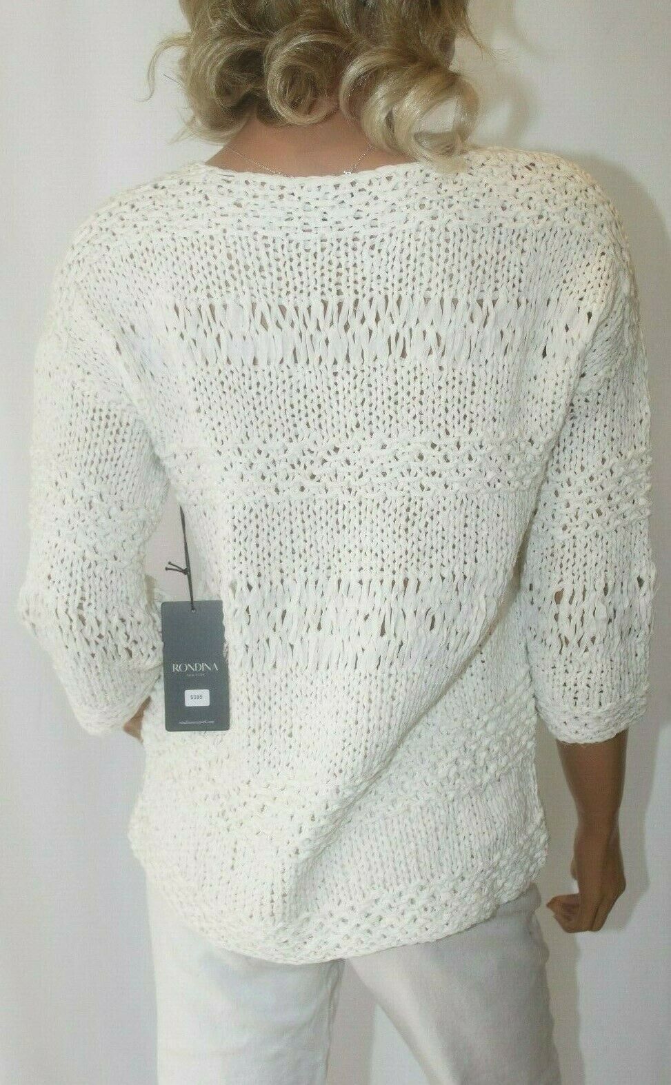 *NWT* $395. Rondina New York White Hand Knit Pull Over Top 3/4 Sleeve Size Med