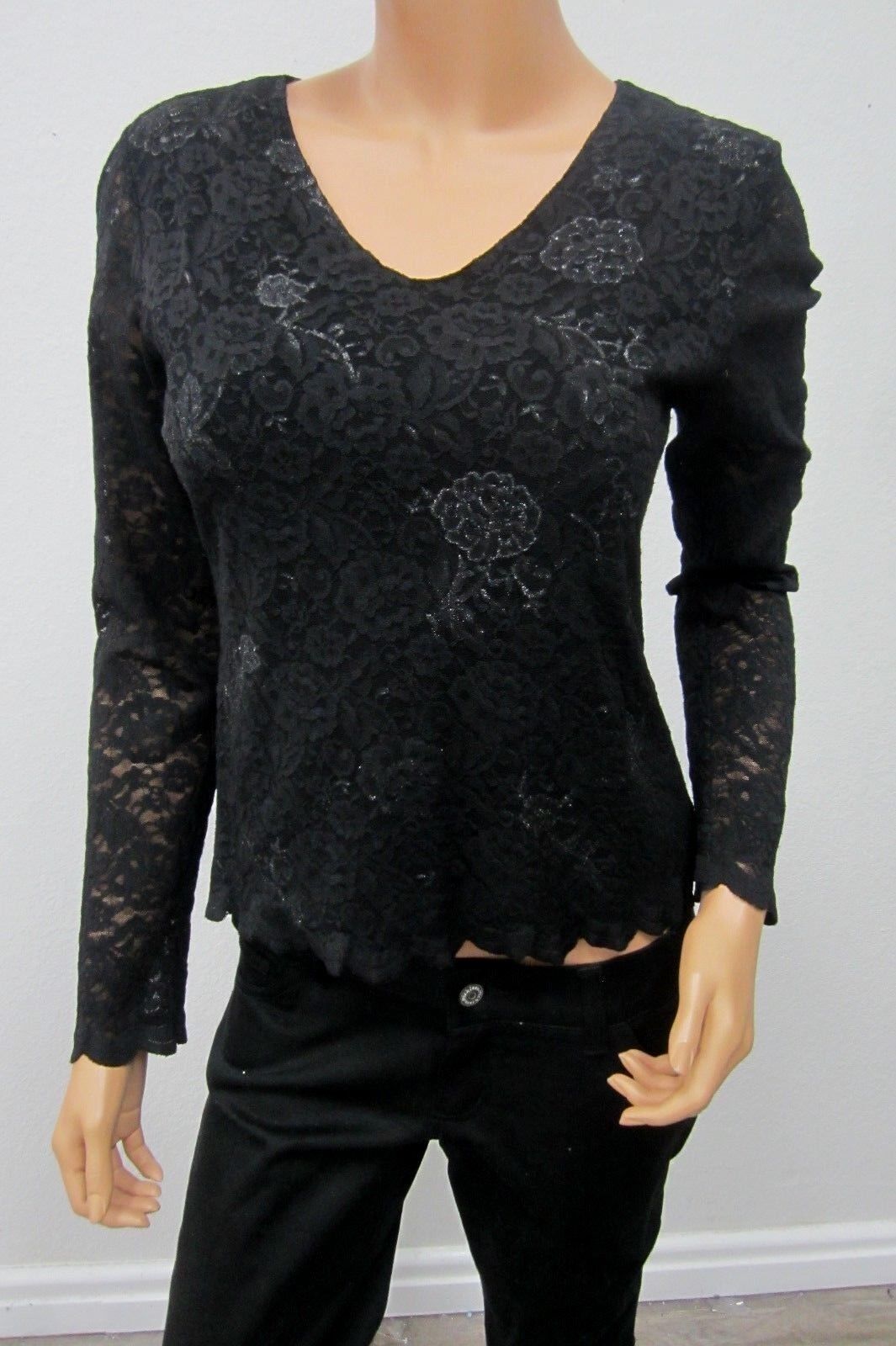 *NICE* Preston & York Lace Overlay Black CUTE Top Blouse Woman’s Size Small