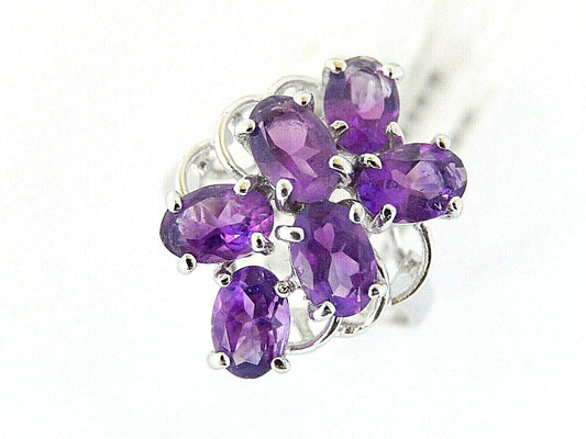 14K White Gold Genuine 3.00CT Six Oval Amethyst Cluster  Ring Size 7.5