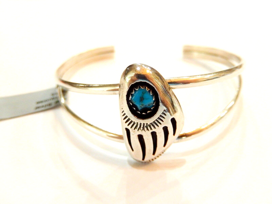 Vintage NAVAJO Sterling Silver Turquoise Small Wrist Cuff Bear Claw Bracelet