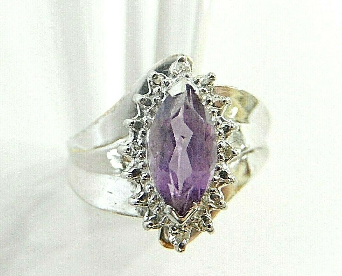 HALO 10k White Gold Amethyst and Diamond Ring Sz 7.5