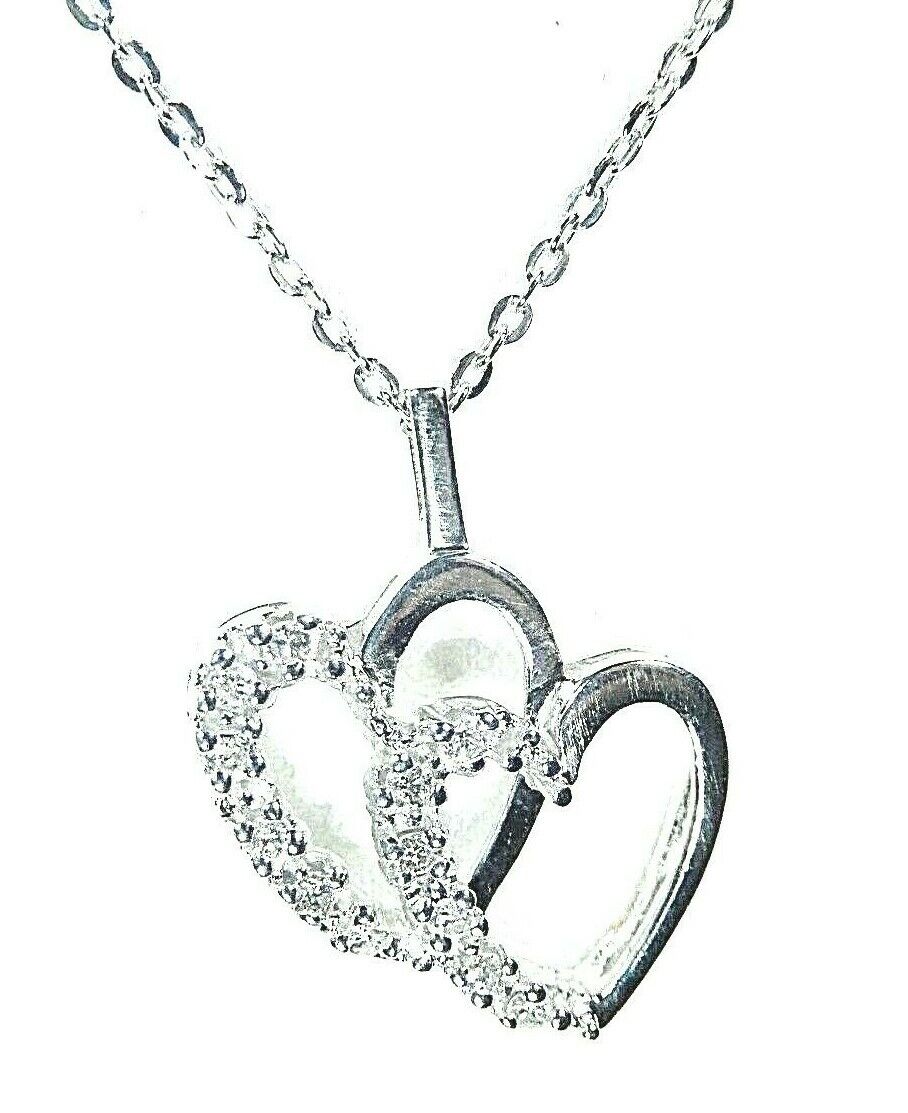 *NEW*  1/4 Ct Natural Diamond 14K White Gold  Double Heart Pendant w/18" Chain