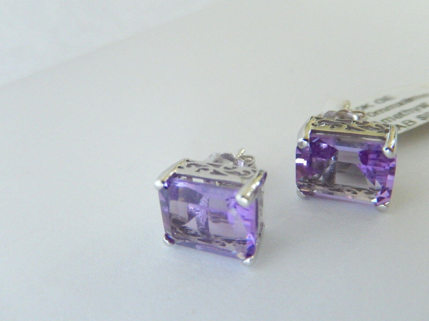 10K White Gold 10mm x 8mm Emerald Cut 6CT Amethyst Earrings In Filigree Settings