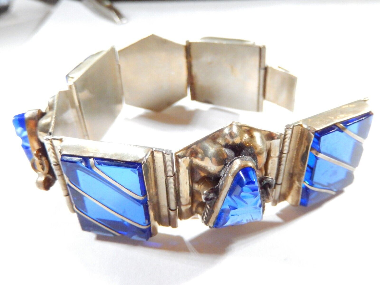 VINTAGE  Taxco Sterling Silver Blue Glass 1" Wide 7" Bracelet Weighs 68.8 gms