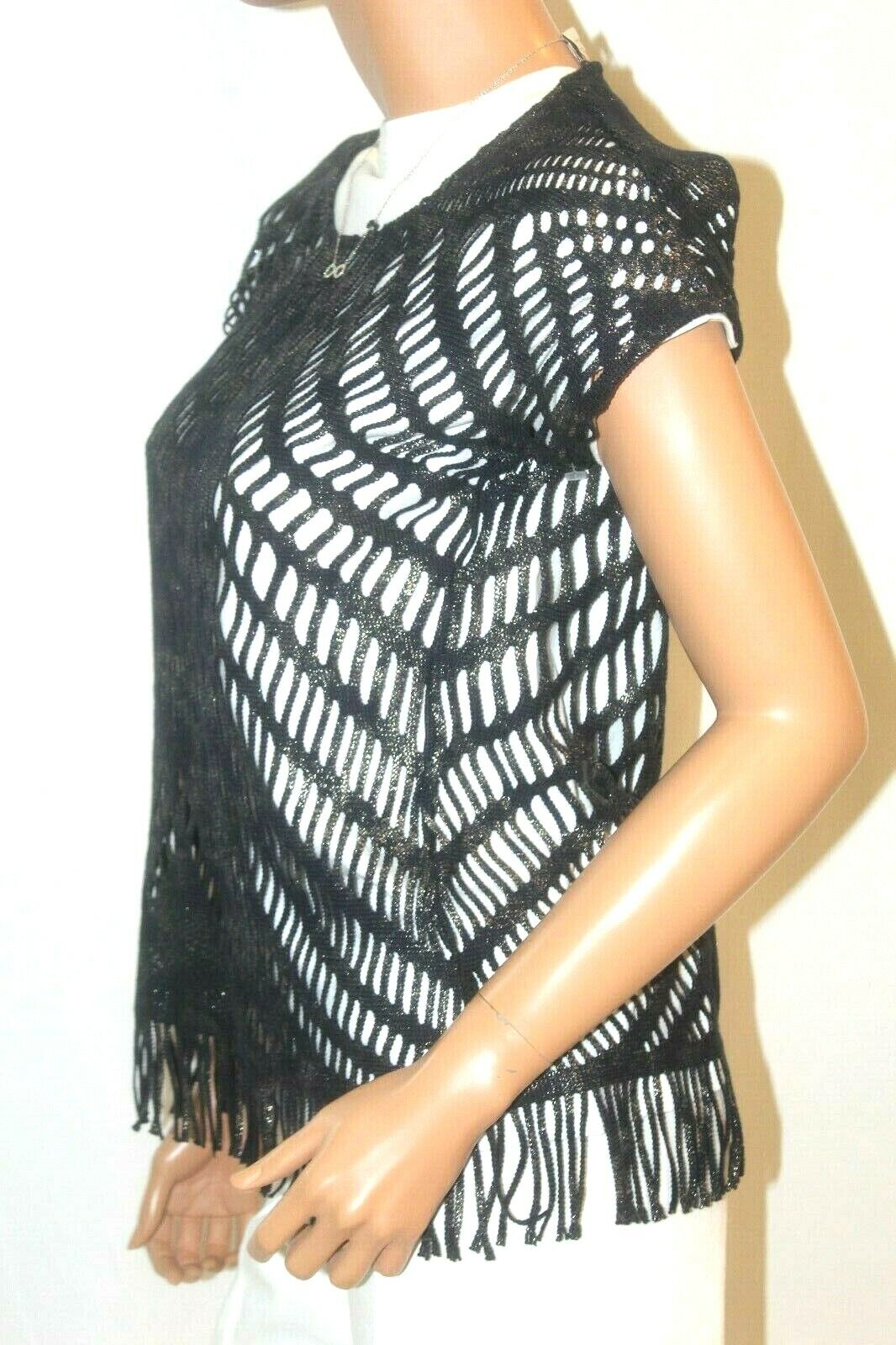 Chicos  "CUTE" Black with Gold Metalic Fringe Open Lace Sleeveless Vest Sz 0