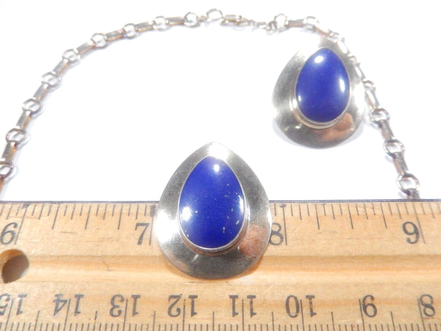 *VINTAGE* Sterling Silver  Lapis Lazuli Tear Drop Chain Necklace & Earrings  Set