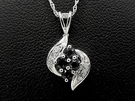 14K White Gold Blue Sapphire &  Natural Diamond Heart Pendant  With 18" Chain
