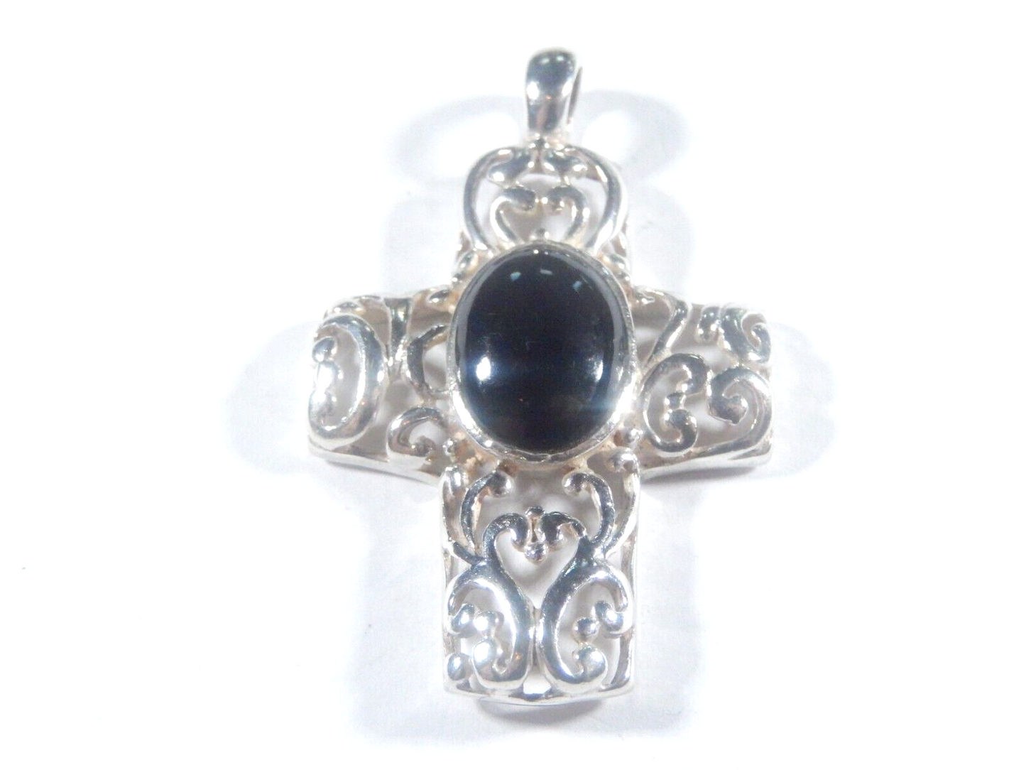 *VINTAGE*  Sterling Silver Filigree Black Onyx Cross Pendant-1.75" x 1.25"