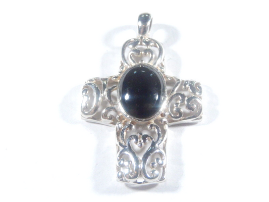 *VINTAGE*  Sterling Silver Filigree Black Onyx Cross Pendant-1.75" x 1.25"