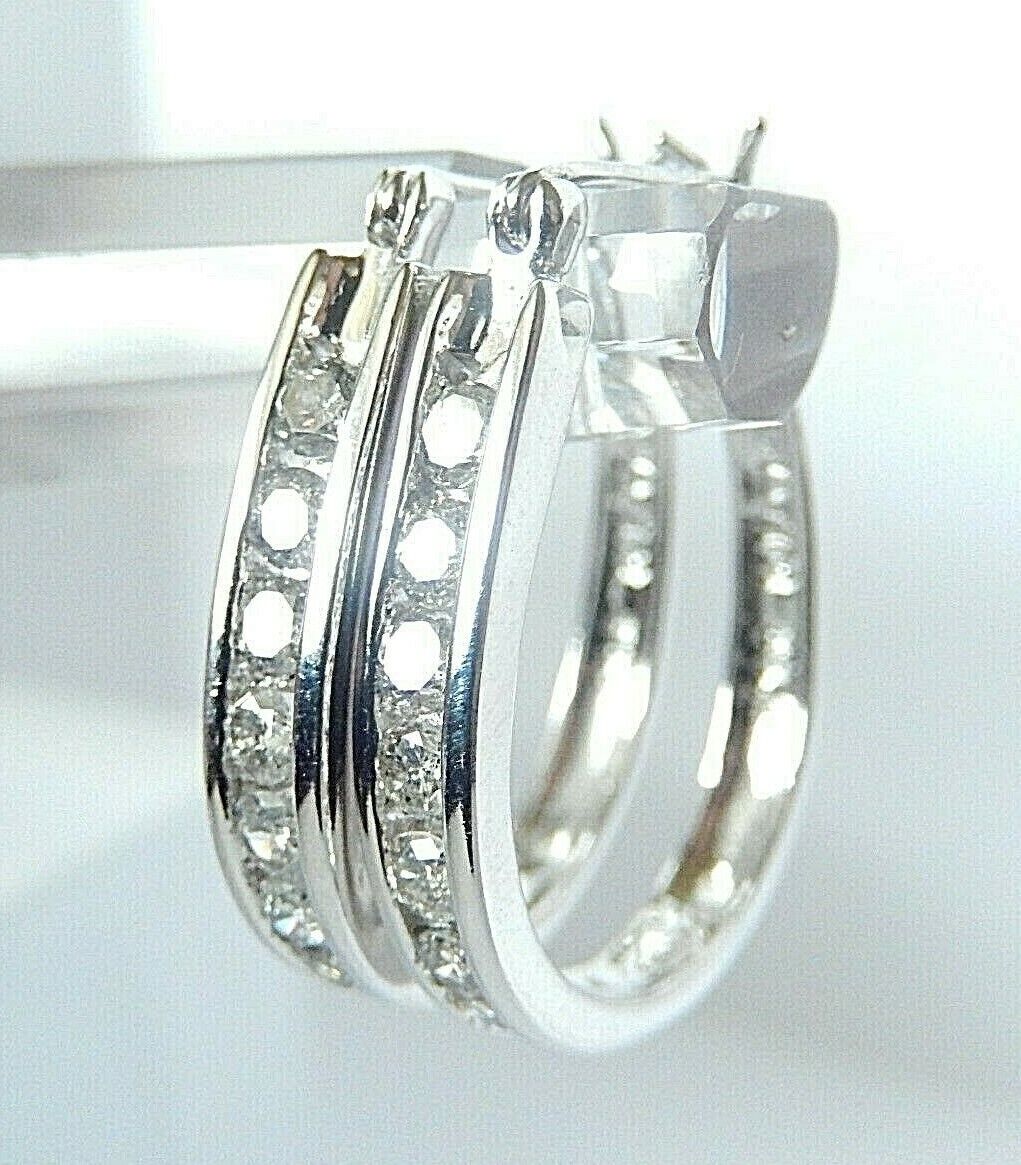 14K White Gold 1CT Natural Diamond Channel Set Oblong Hoop Earrings 24mm x 19mm