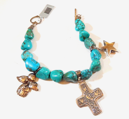 *VINTAGE* Sterling Silver Charms And Turquoise Chunky Beaded Bracelet 9"