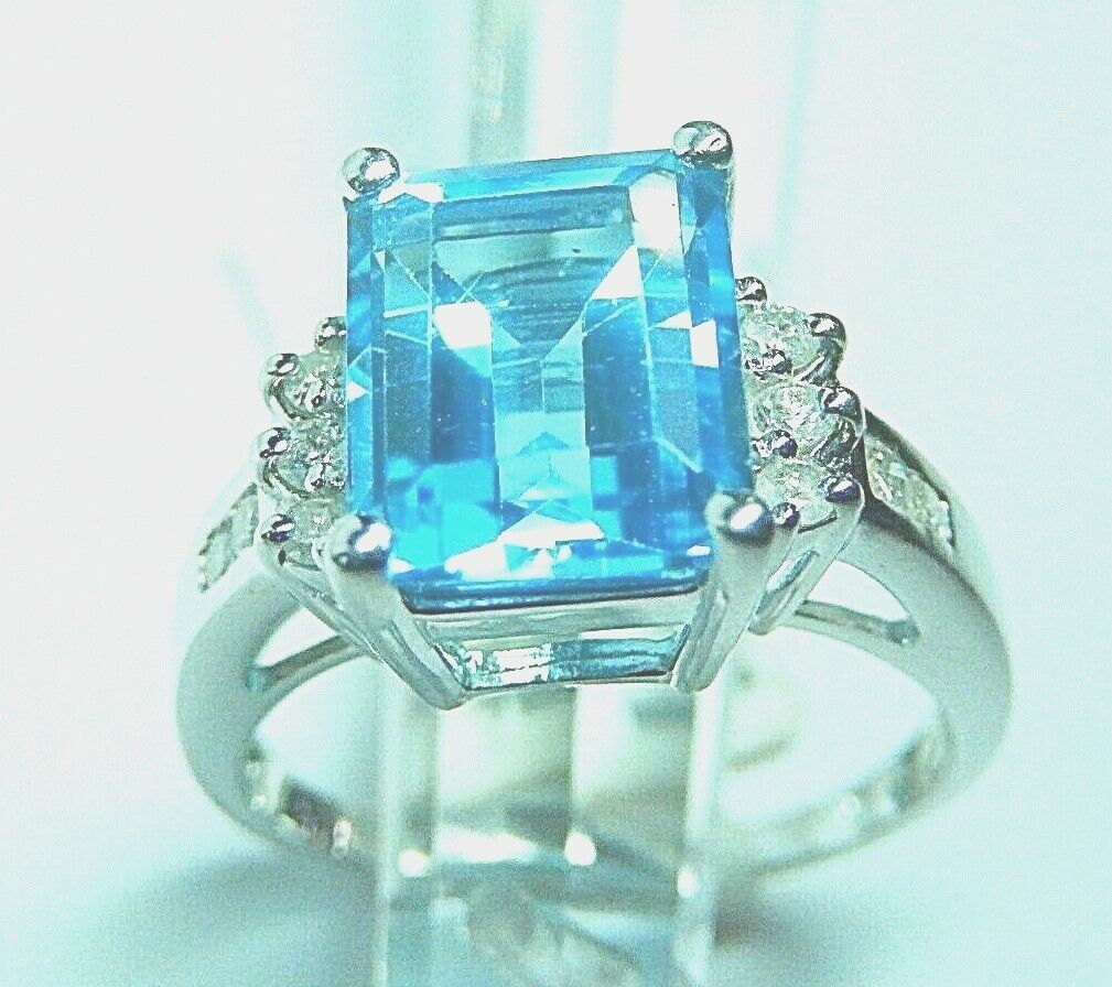 10K White Gold 3CT London Blue Topaz & 10 Natural Round Diamond Ring Sz 7.5