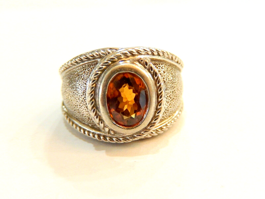 Unisex Solid 925 Sterling Silver  Citrine Oval Gemstone Ring Size 6.5
