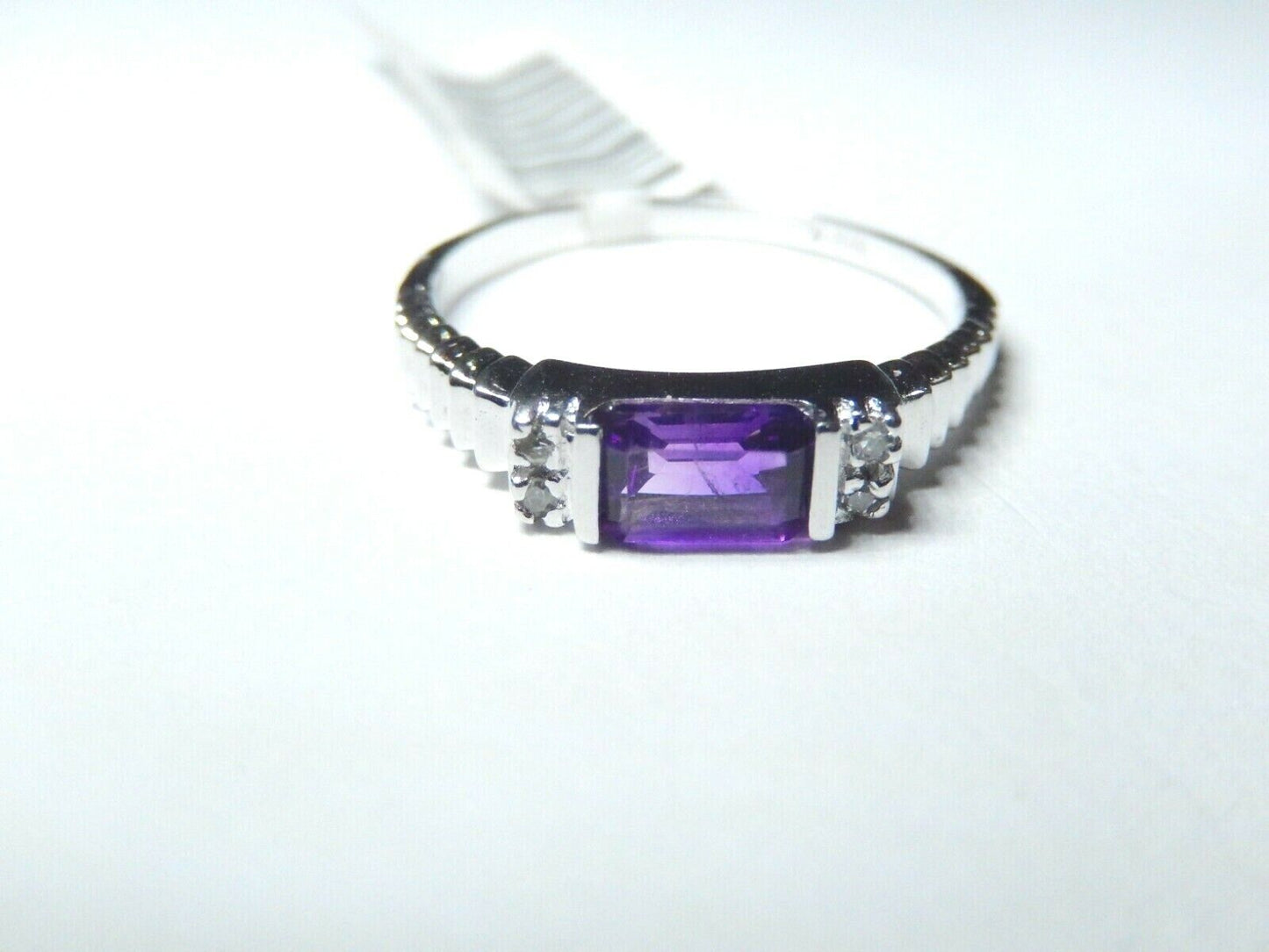 *NWT* 10K White Gold Amethyst & Diamond Modern Style Ring Size 7