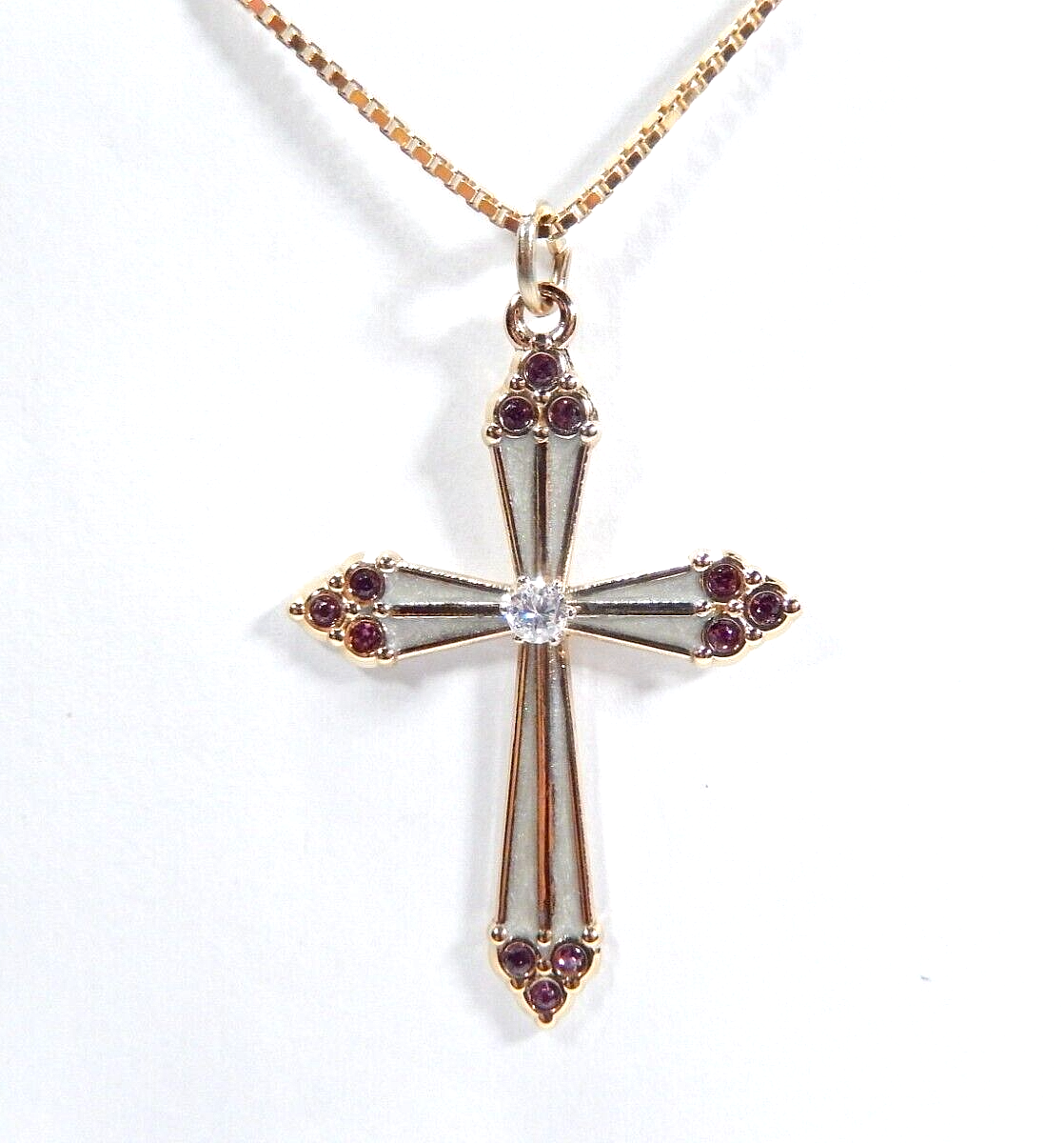 Lovely Gold Vermeil 925 Sterling Silver Cubic Zirconia & Amethyst Cross w/18"chn