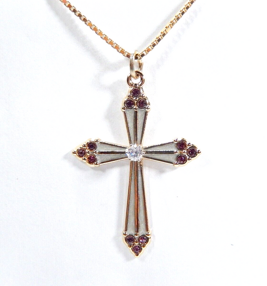 Lovely Gold Vermeil 925 Sterling Silver Cubic Zirconia & Amethyst Cross w/18"chn