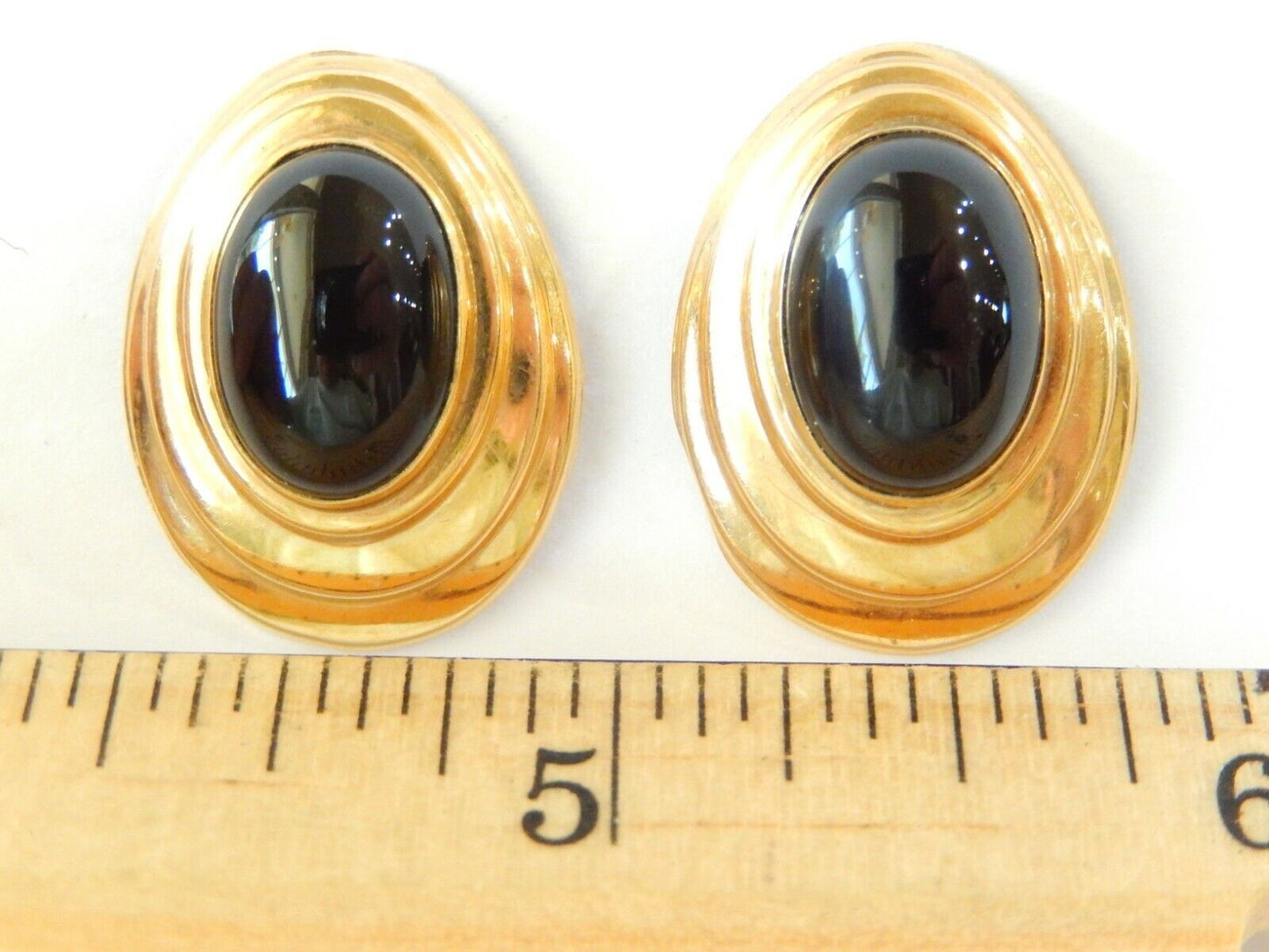 *VINTAGE* 14K Yellow Gold Large Oval Black Onyx Bezel Set Earrings 25mm x 19mm