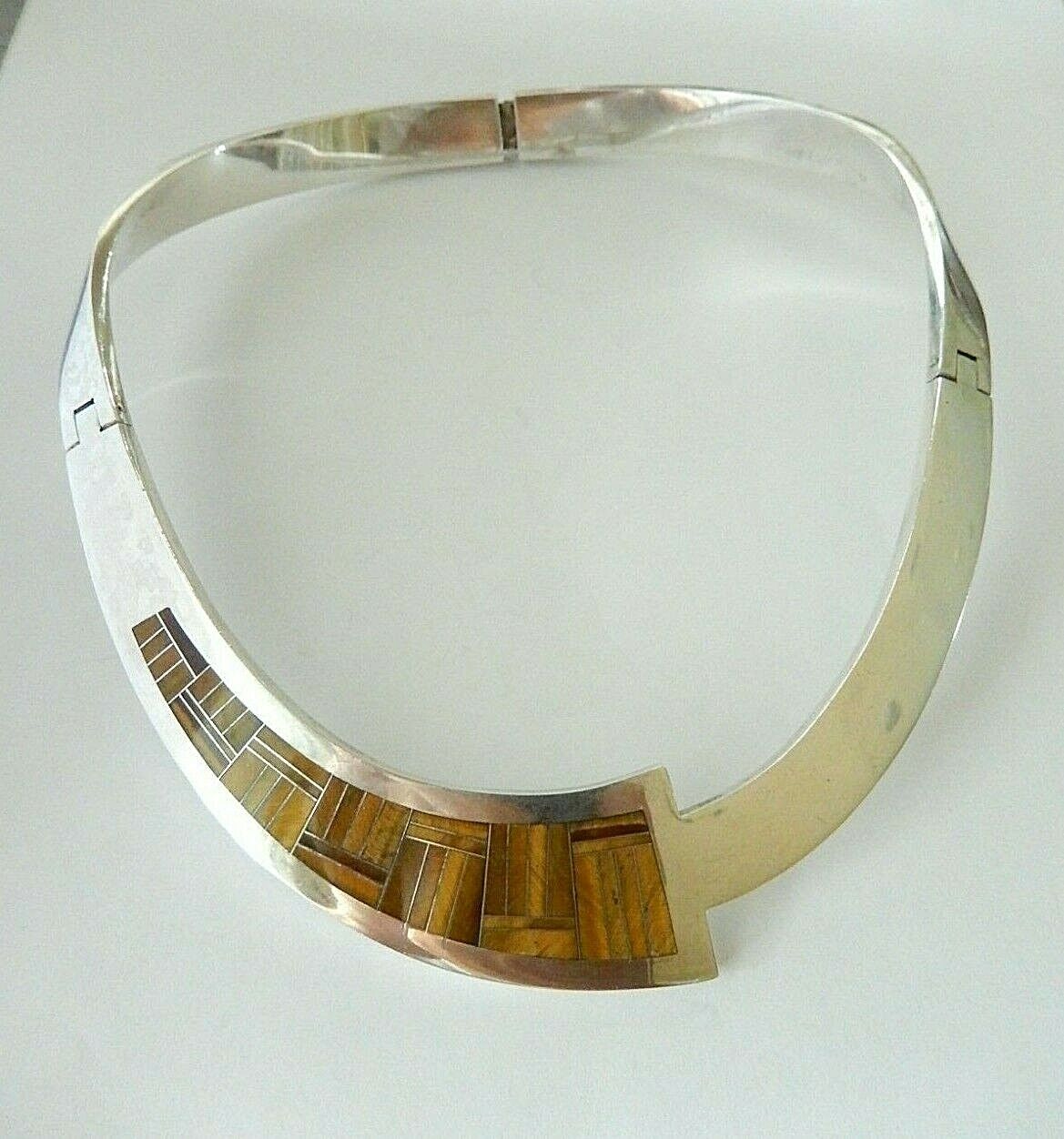 *VINTAGE*  Taxco Mexico Sterling Silver Tigers Eye Hinged Choker Collar Necklace