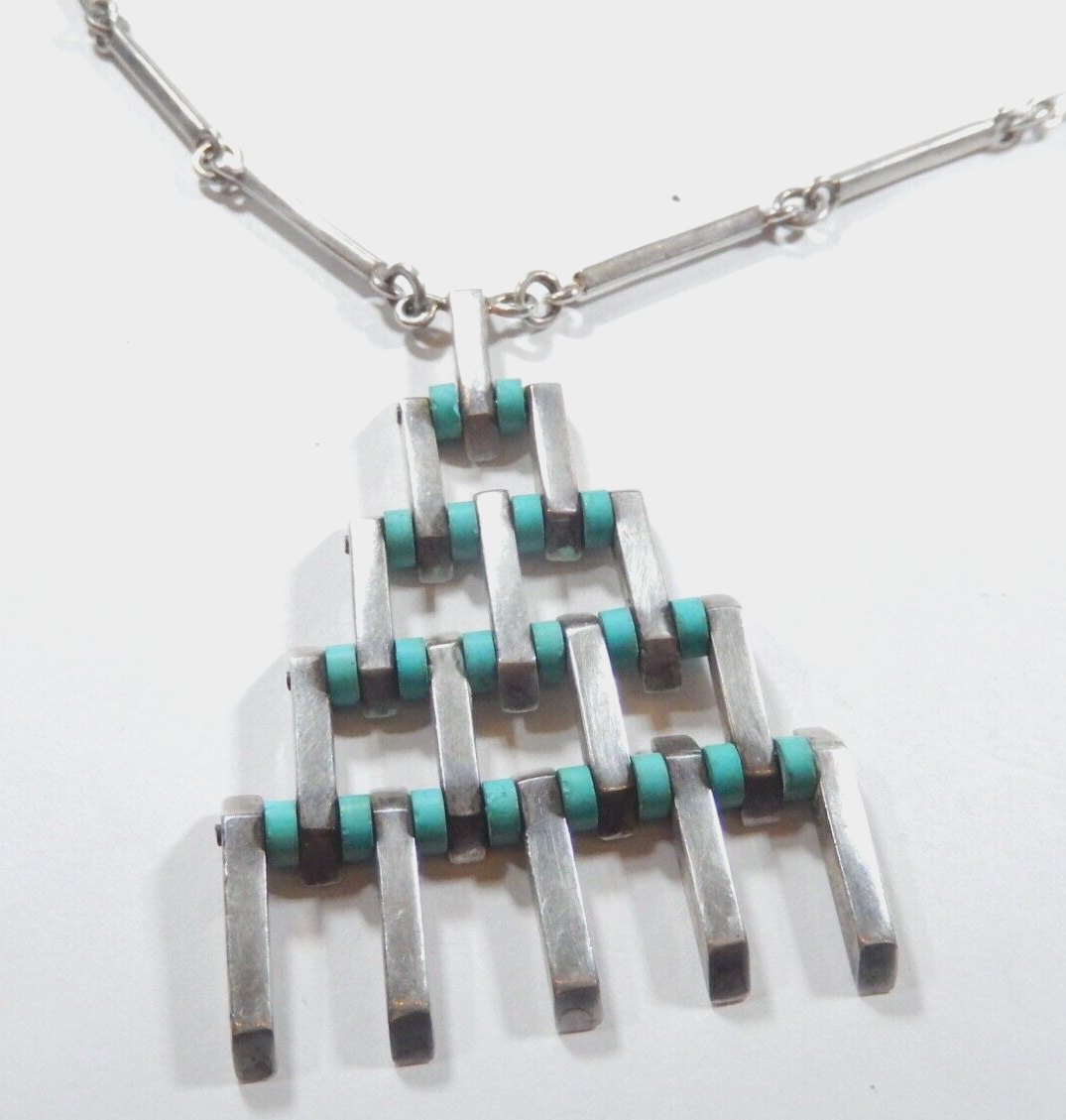 *VINTAGE* Signed Native American Sterling Silver Turquoise Rare 24" Necklace