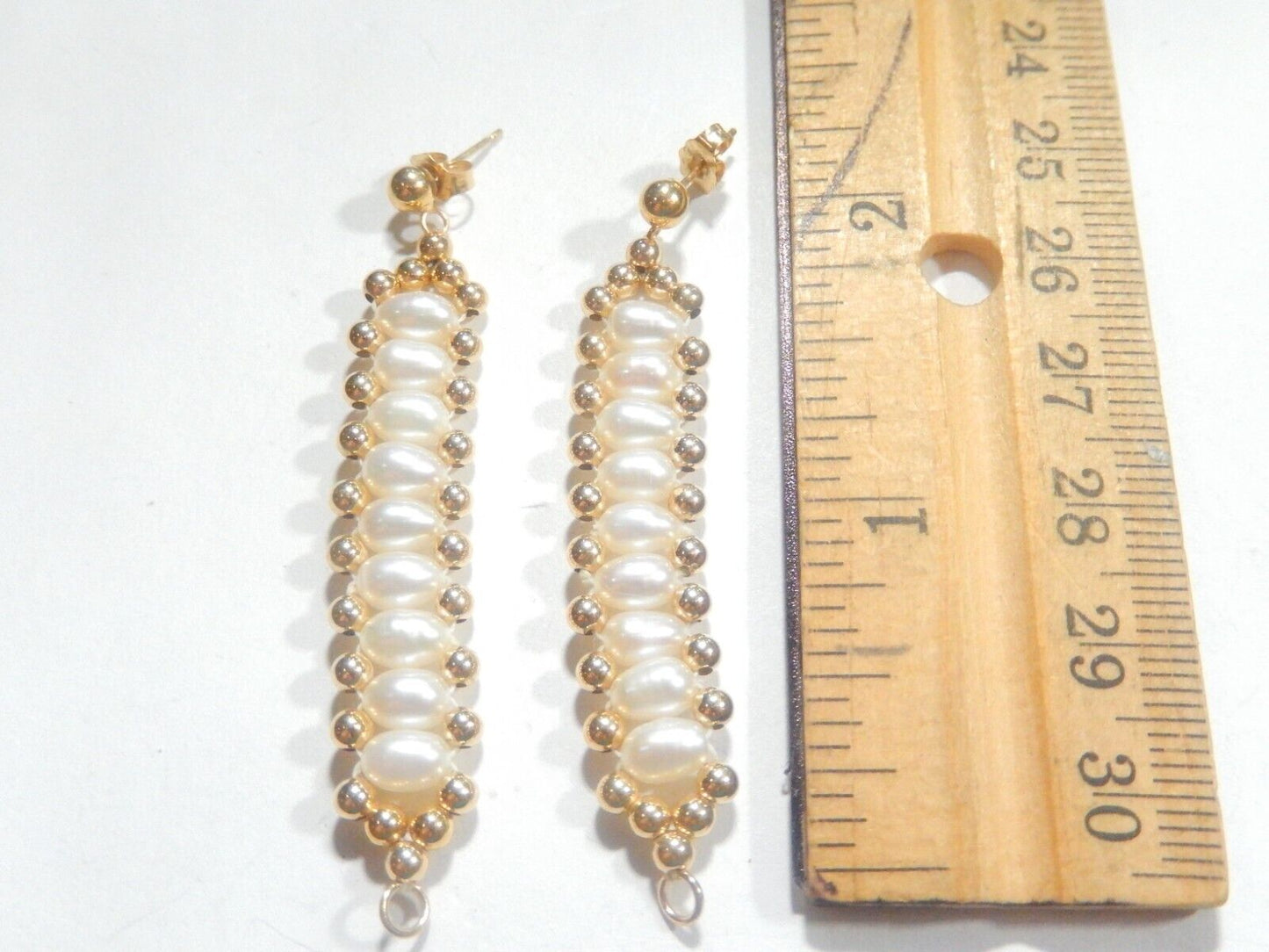 14K Yellow Gold Beaded and White Freshwater PEARLS Double Strand Dangle EARRINGS