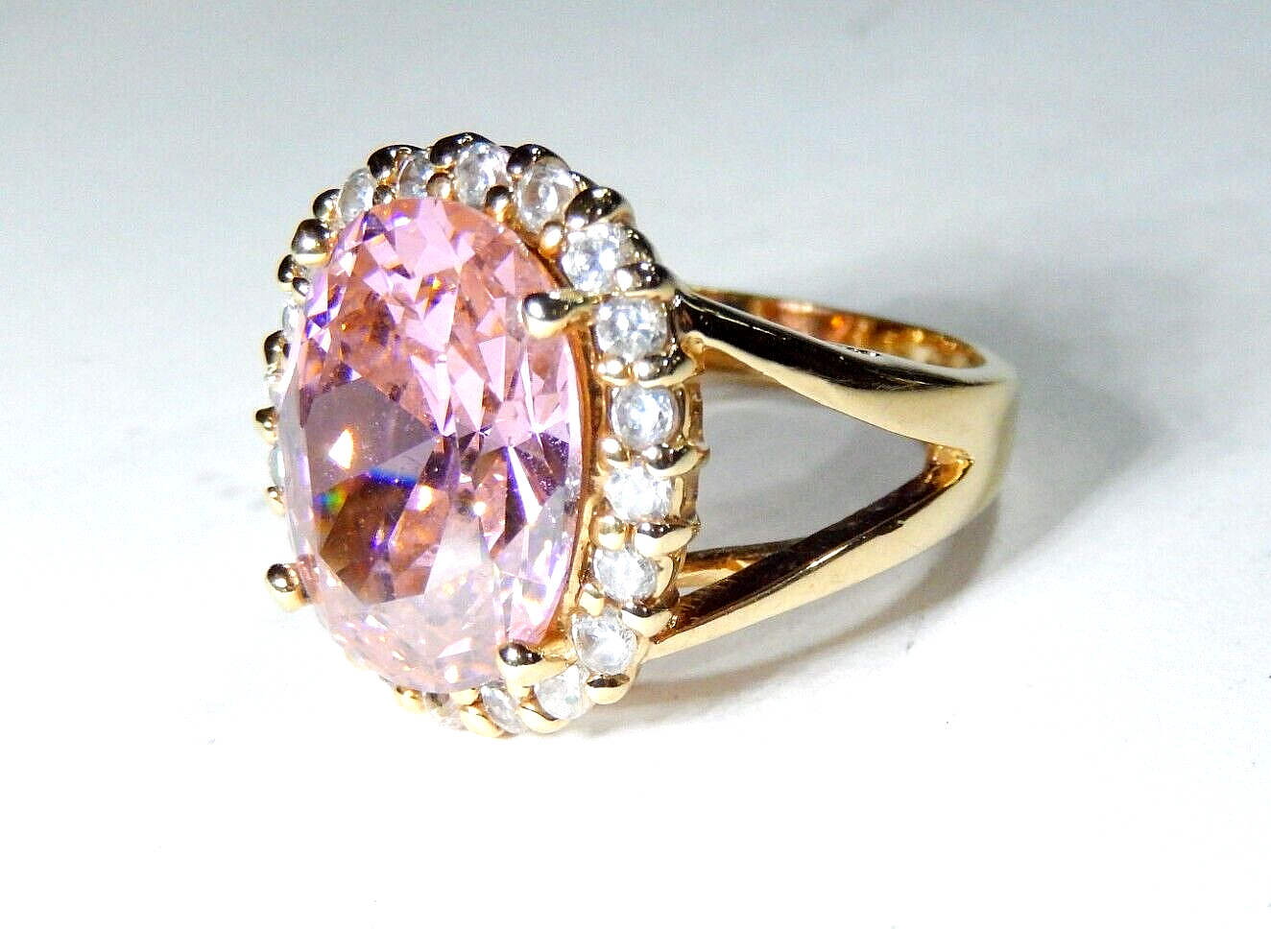 *VINTAGE* Sterling Gold Vermeil CZ Pink & White 13.0CT Oval Cocktail Ring Sz 6.5