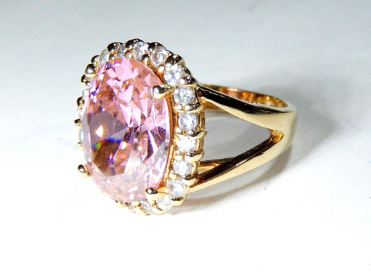 *VINTAGE* Sterling Gold Vermeil CZ Pink & White 13.0CT Oval Cocktail Ring Sz 6.5