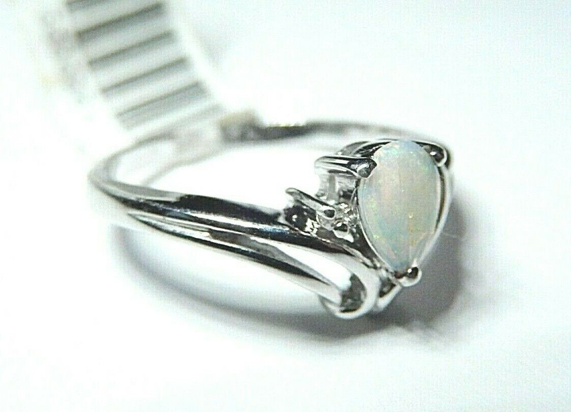 *NWT* 10k White Gold Pear Opal And Diamond Ring Size 5.25