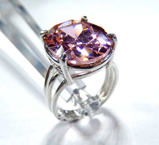 *HUGE-  .925 Sterling Silver 13.0 CT Statement Ring Pink CZ Cocktail Ring sz 7