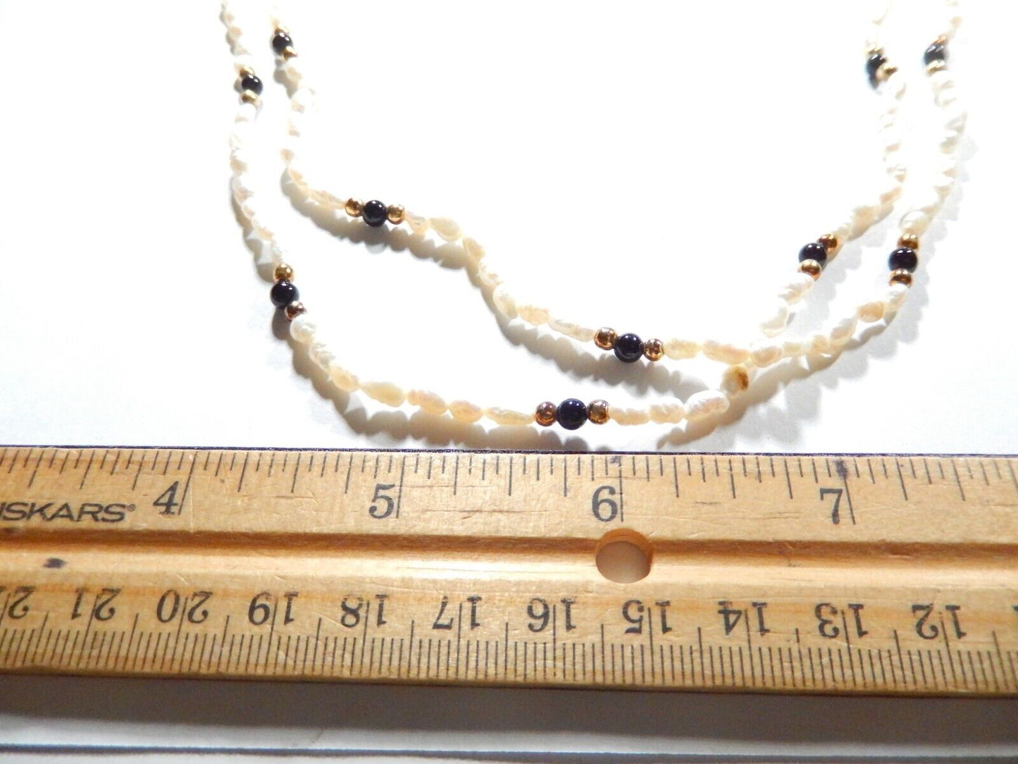 Double  Strand 18" Rice White Pearl & Black Onyx & Gold Bead Necklace
