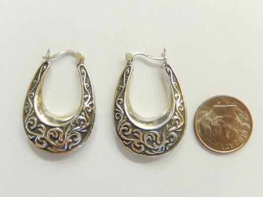 *VINTAGE*  STERLING SILVER HOOP EARRINGS DECORATIVE DESIGN WORK
