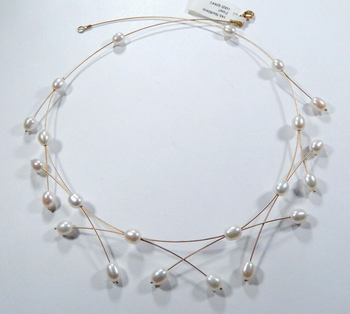 Solid 14k Yellow Gold Wire 7.5mm x 5.5mm 22 White Pearls  17" Necklace 9.8 gms
