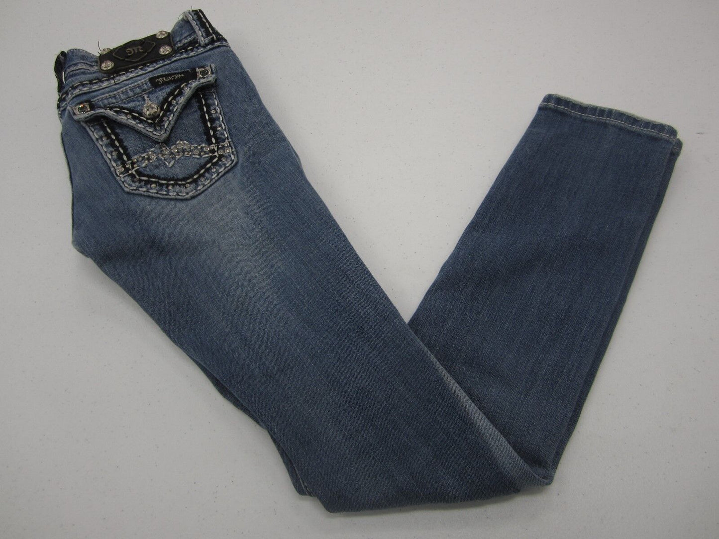 Miss Me Skinny Blue Jeans JE1052SR Embroidered Bejewelled Thick Stitch Sz 25x31