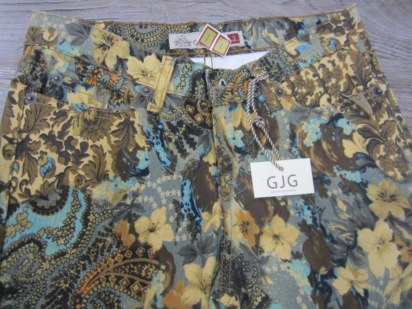 NWT GJG Floral Paisley Brocade Print Brown Mustard Low Rise Skinny Jeans USA