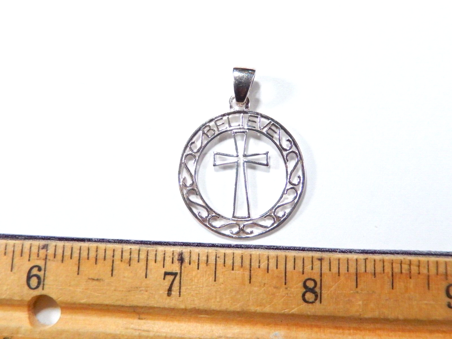 Sterling Silver BELIEVE Cross Pendant Round Filigree Design 2.1g