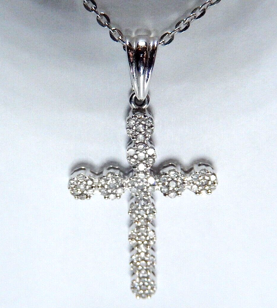 *NEW* 10k White Gold .40CT 77 Natural Diamond Cross Pendant w/18" Chain