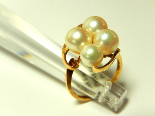 14k Yellow Gold Four Pearl AAA Quality Cluster Ring Size 6 3/4