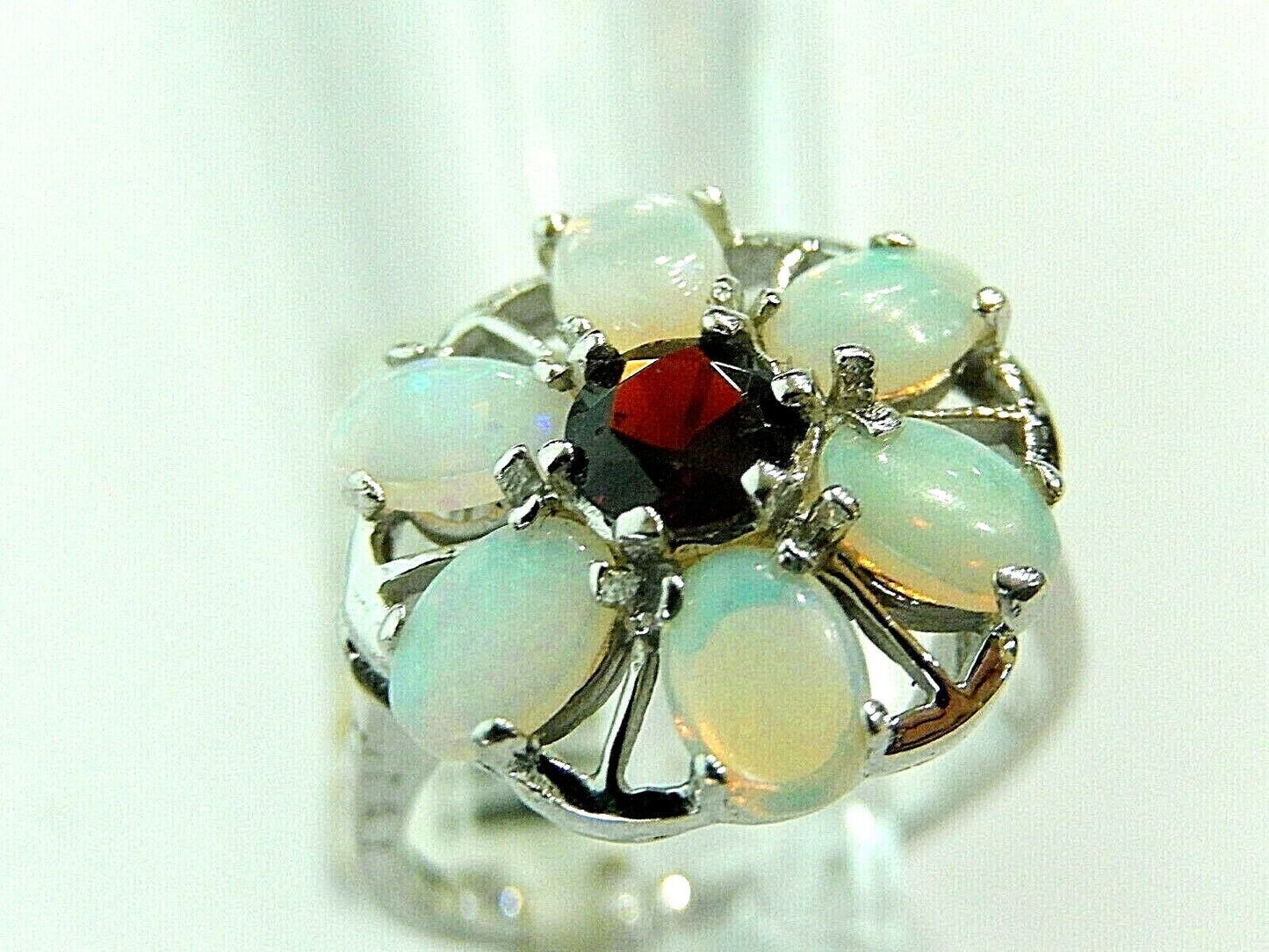 Luxury 14K White Gold Womens 3CT Fiery Opal & Garnet Cluster Ring Sz 8.75