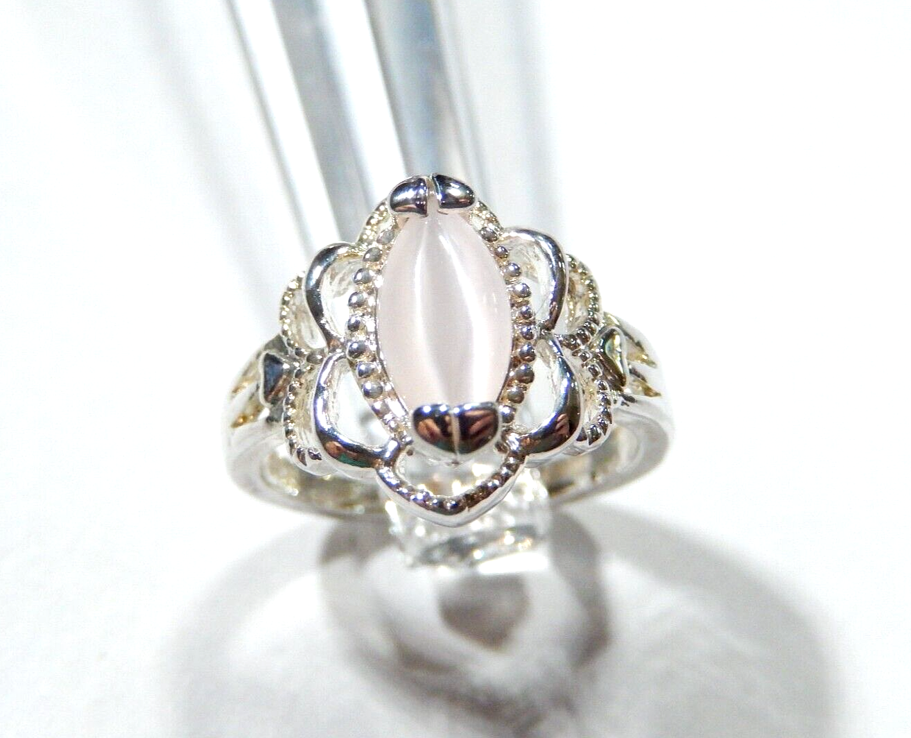 Pink Moonstone 925 Sterling Silver Ring Marquise Cut, Filigree Setting, Size 5