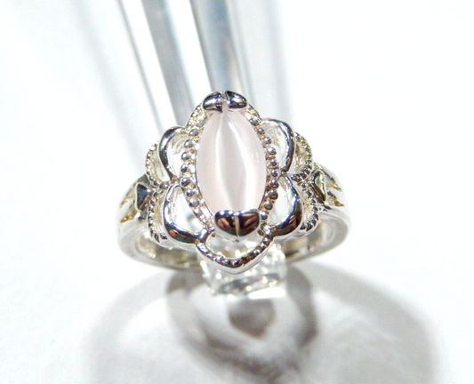 Pink Moonstone 925 Sterling Silver Ring Marquise Cut, Filigree Setting, Size 5
