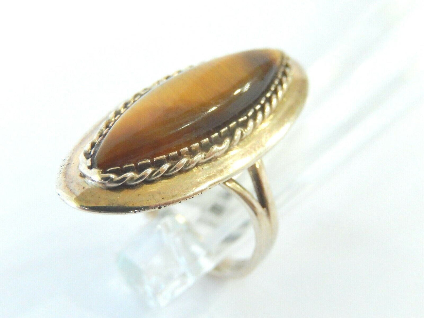*VINTAGE* LADIES 14K YELLOW GOLD LONG  30mm TIGERS EYE RING SIZE 6