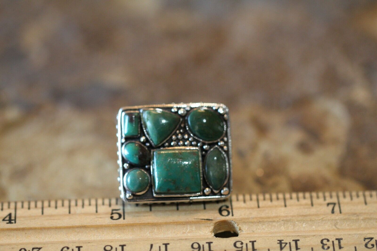 *VINTAGE*  Native American HUGE Sterling Silver Green Turquoise Ring Size 6.5