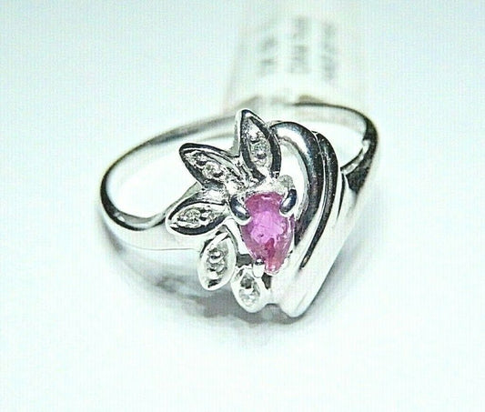 *NWT* 10K WHITE GOLD NATURAL RUBY & DIAMOND LADIES RING SIZE 7.25